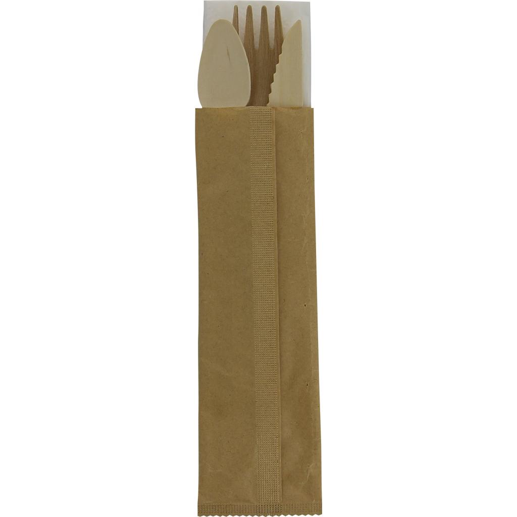 Kit couverts en bois : couteau, fourchette, cuillère + Serviette dans sachet papier (Prix à l'unité)